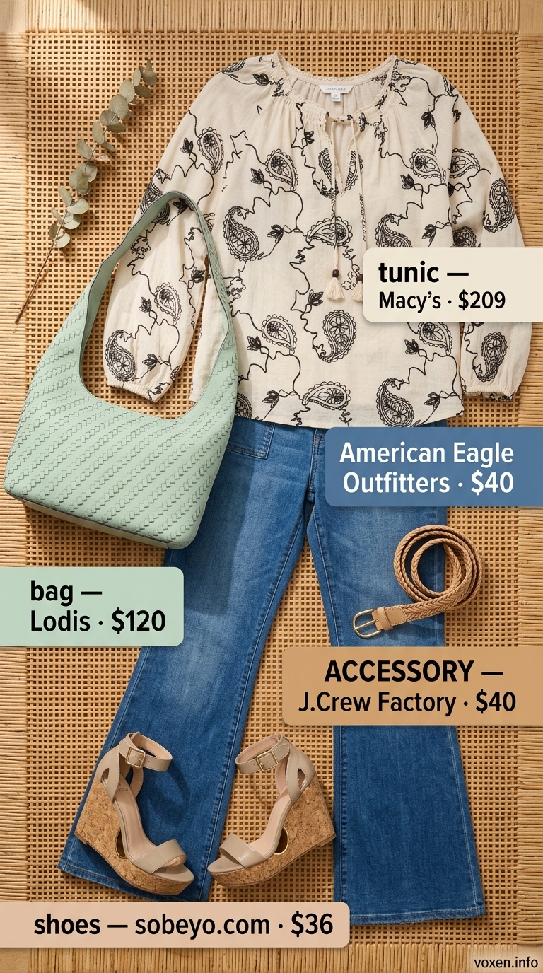 Boho summer festival outfits for women 2026: Cream linen tunic over flare jeans with platform sandals.