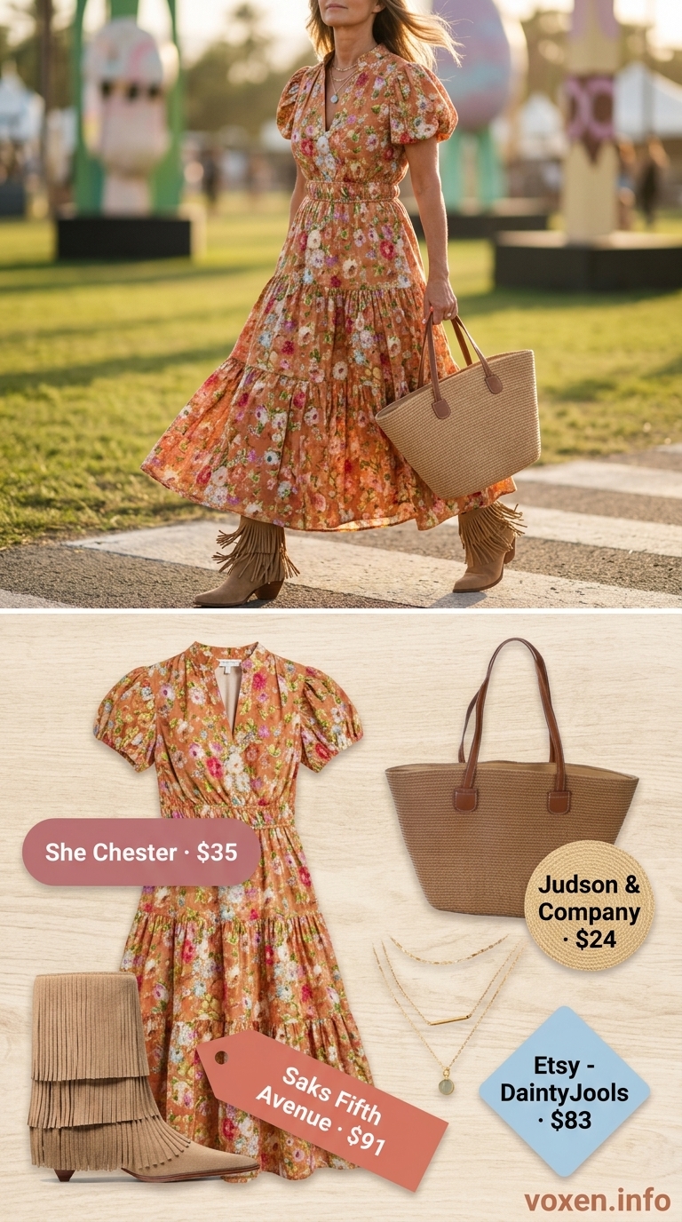 Boho summer festival outfits for women 2026: Maxi dress, suede boots, layered necklaces, and straw tote for a desert vibe.