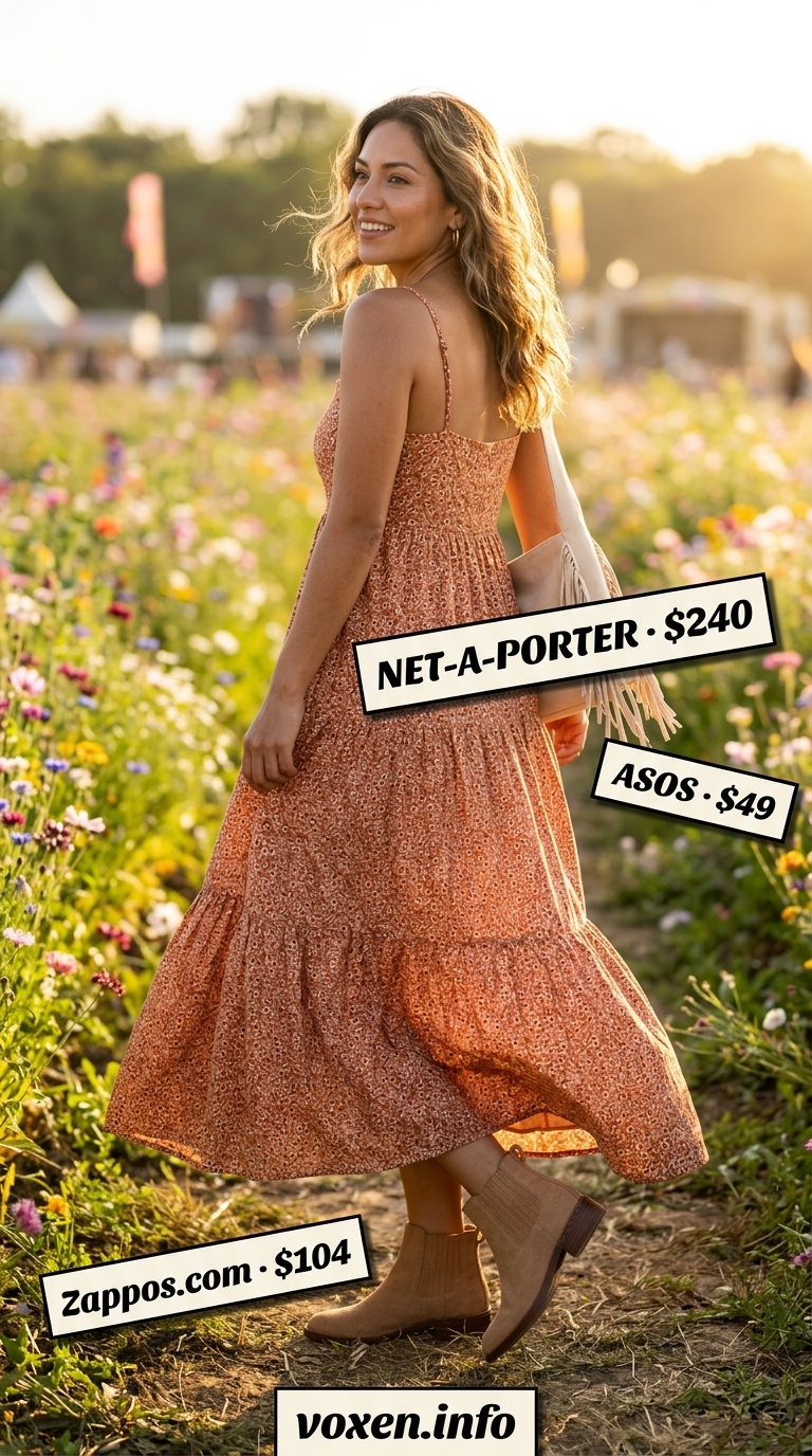 Boho summer festival outfits for women 2026: Rust orange maxi dress with suede ankle boots & wide brim hat.