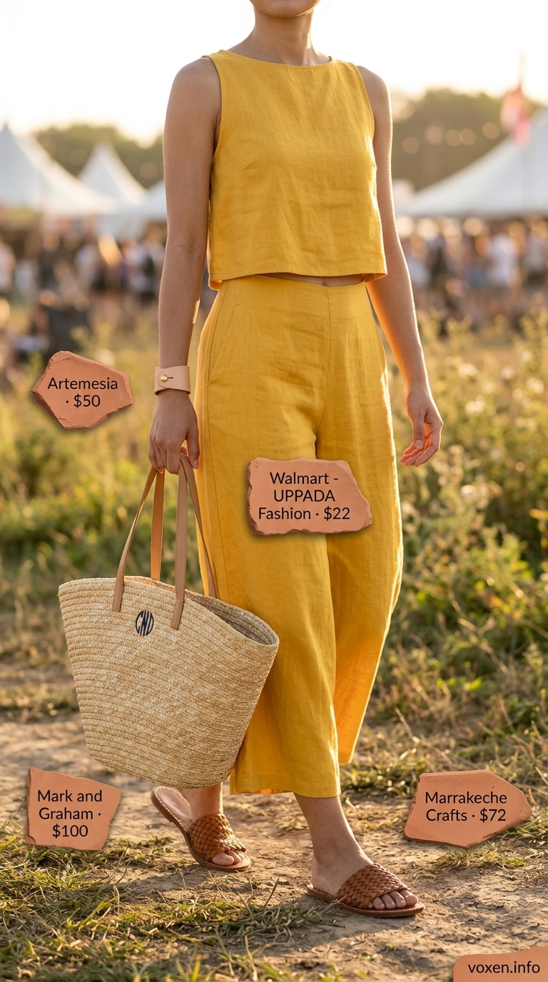 Boho summer festival outfits for women 2026: Mustard yellow linen set, straw tote, and leather slides.