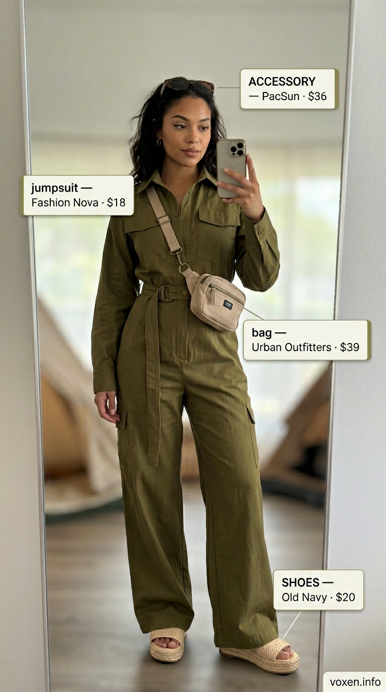 Boho summer festival outfits for women 2026: Olive green utility jumpsuit, canvas belt bag, and sunglasses.