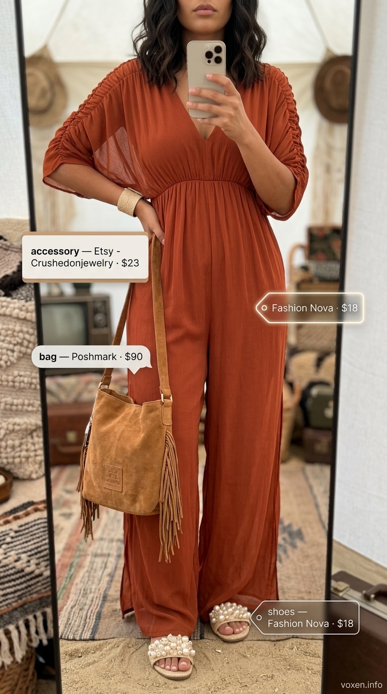 Boho summer festival outfits for women 2026: Rust orange jumpsuit, cream embellished sandals, and suede fringe bag.