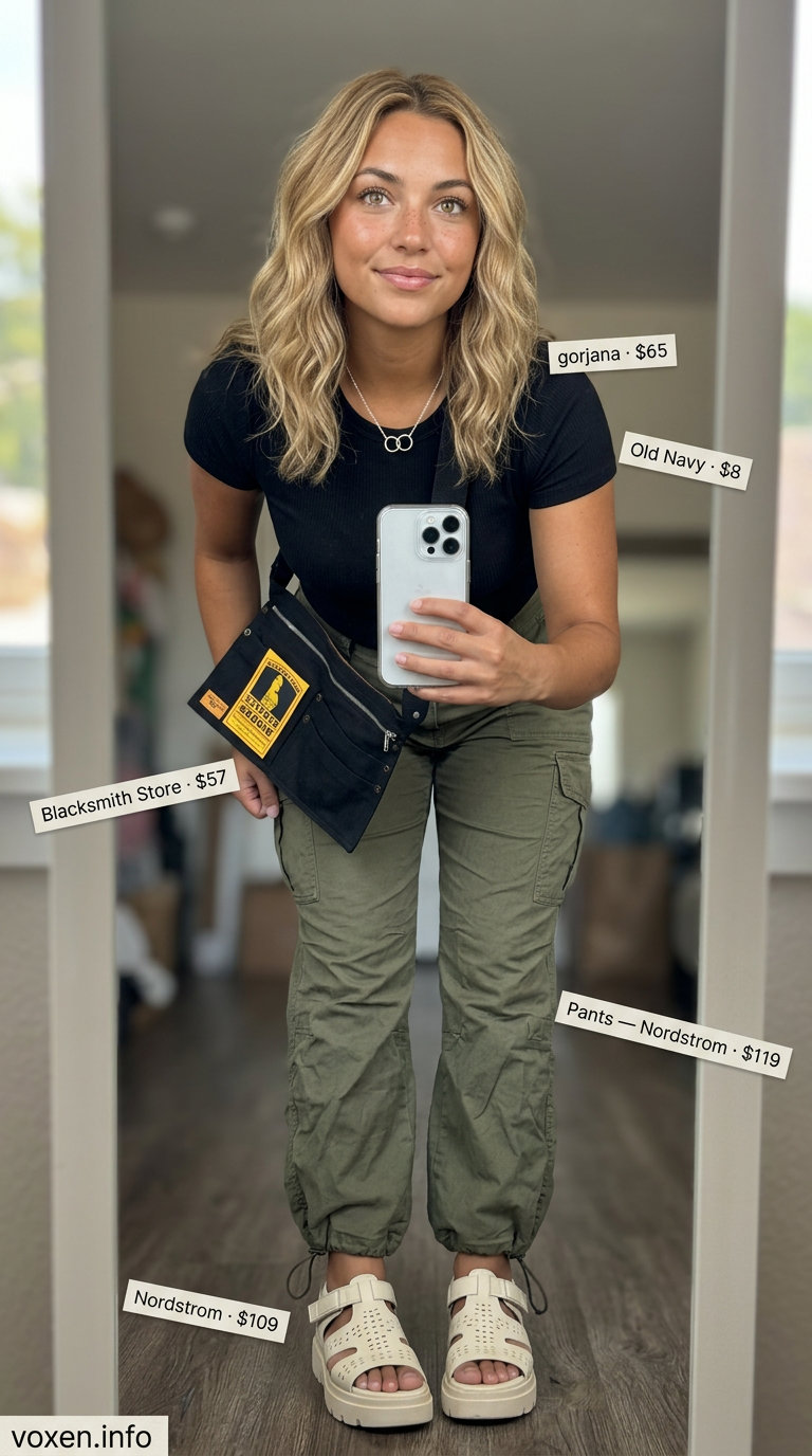 Boho summer festival outfits for women 2026: Cargo pants, crop top, belt bag, and platform sandals for an edgy look.