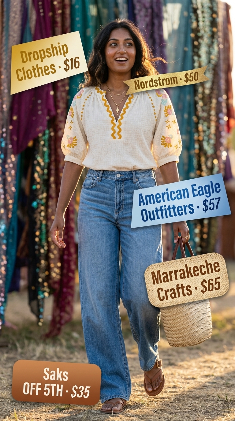 Boho summer festival outfits for women 2026: Wide leg jeans, embroidered peasant blouse, straw tote, and layered necklaces.