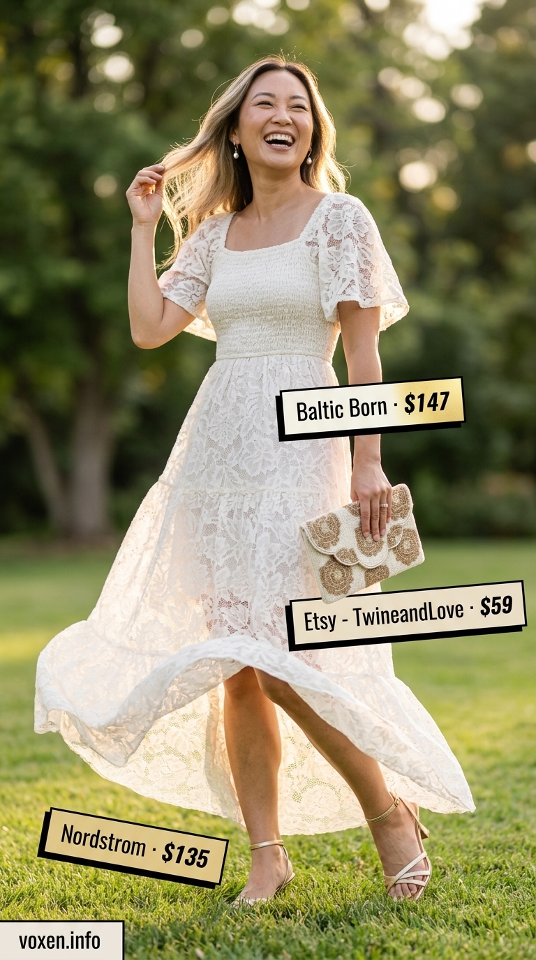 Boho summer flowy maxi dress 2026 in ivory lace. Summer wedding guest outfit with heeled sandals and pearl earrings.