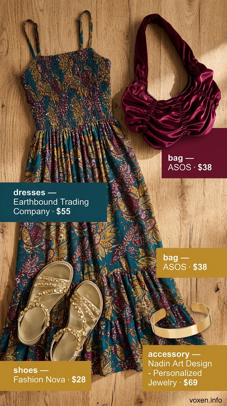 Bohemian Rhapsody Maxi dress for summer events, featuring deep teal & burgundy paisley print. Boho summer flowy maxi dresses 2026.