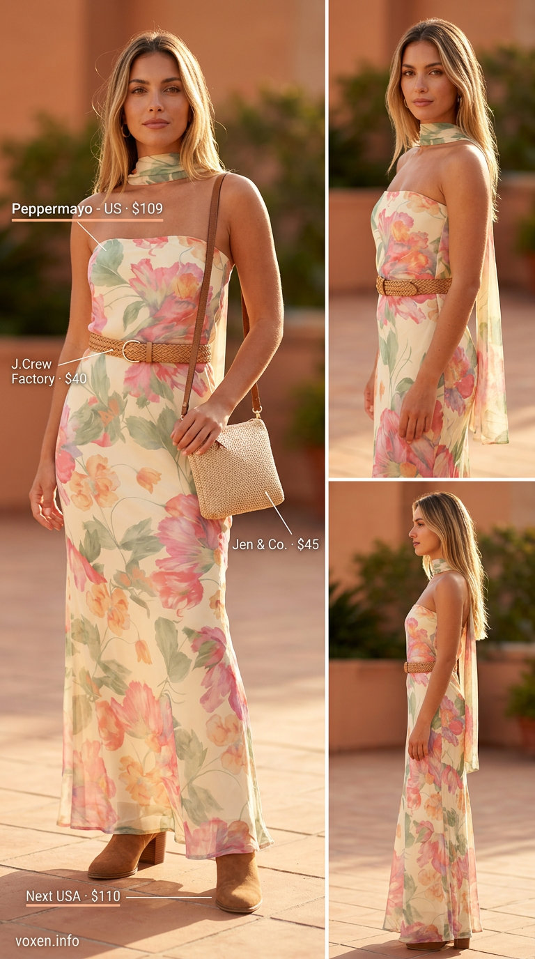 Bohemian Sunset Dream maxi dress for evenings, featuring sunset orange & pink floral print. Boho summer flowy maxi dresses 2026.