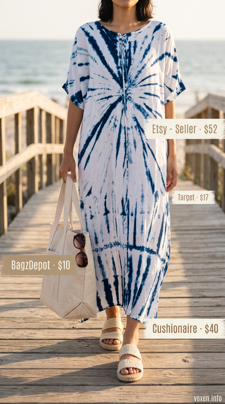 Boho summer flowy maxi dress 2026 in soft blue tie-dye. Beach day outfit with canvas tote and round sunglasses.