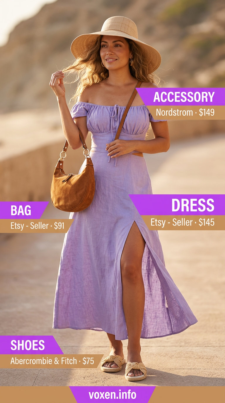 Boho summer flowy maxi dress 2026 in natural linen. Daytime event outfit with straw hat and espadrille flats.