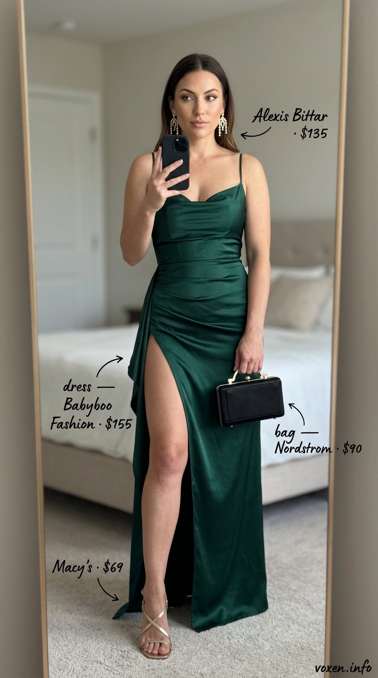 Boho summer flowy maxi dress 2026 in forest green satin. Formal event outfit with statement earrings and heeled sandals.