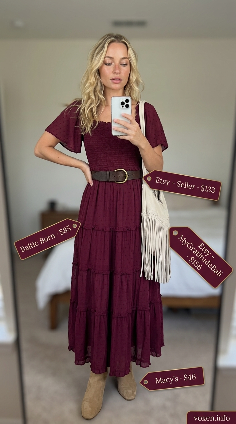 Boho summer flowy maxi dresses 2026: Burgundy dress, suede boots, leather belt, fringe bag for autumn.