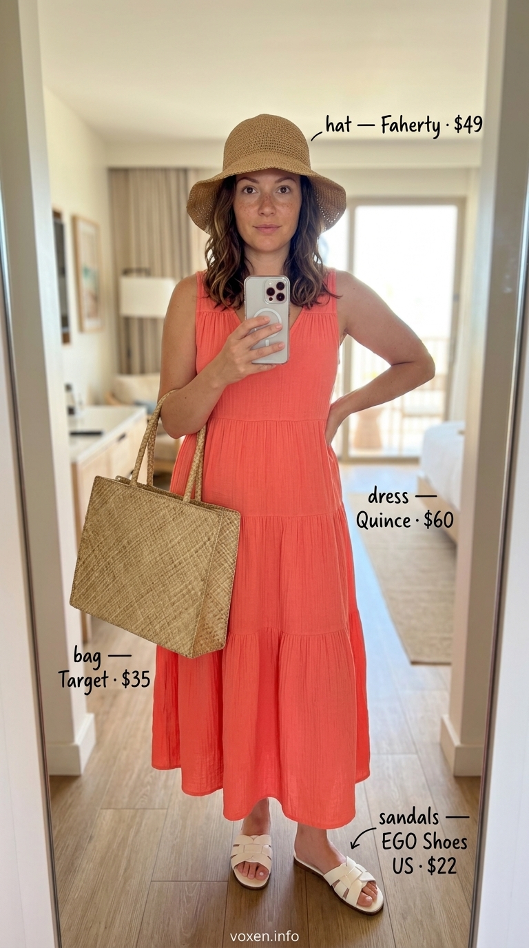 Boho summer flowy maxi dresses 2026: Coral dress, straw hat, slide sandals, straw tote for beach.