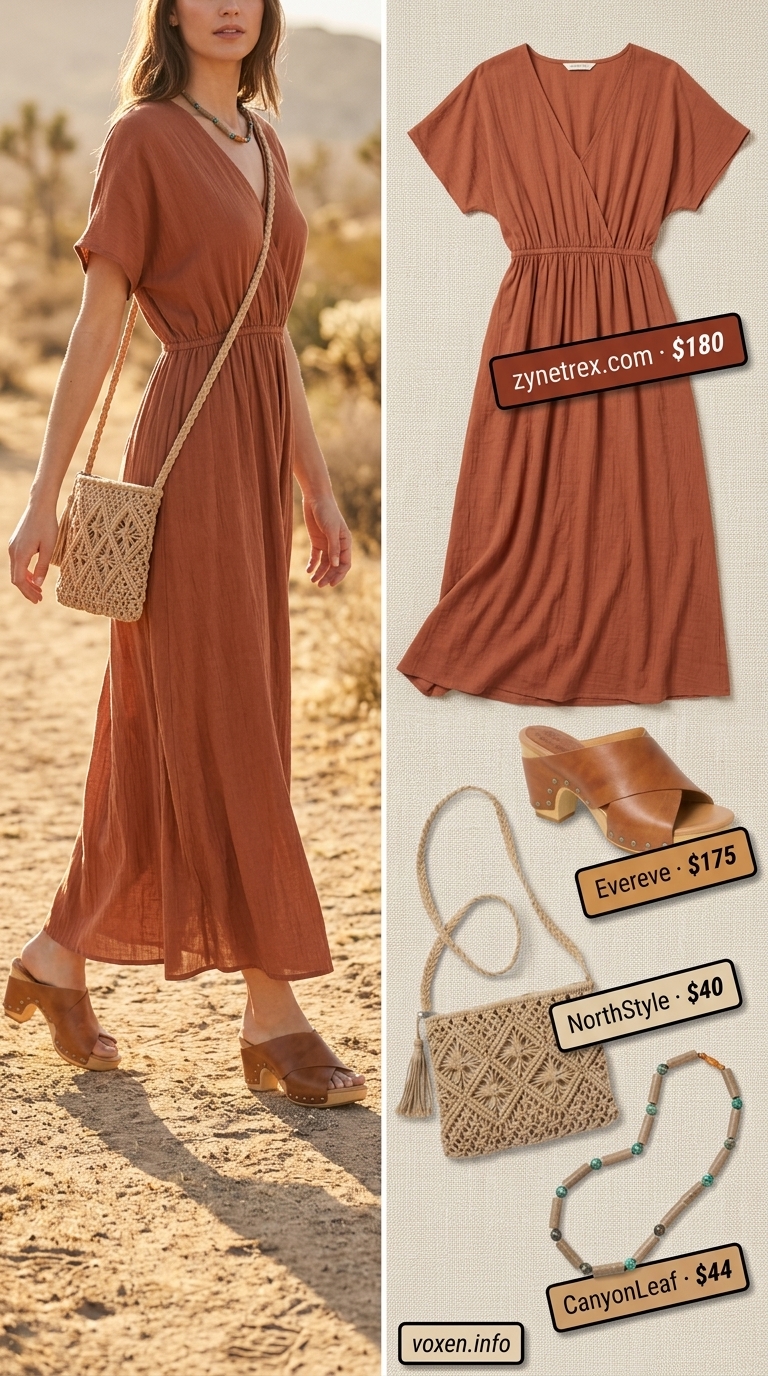 Desert Rose Sundress for festivals, featuring terracotta & cream tiered style. Boho summer flowy maxi dresses 2026.