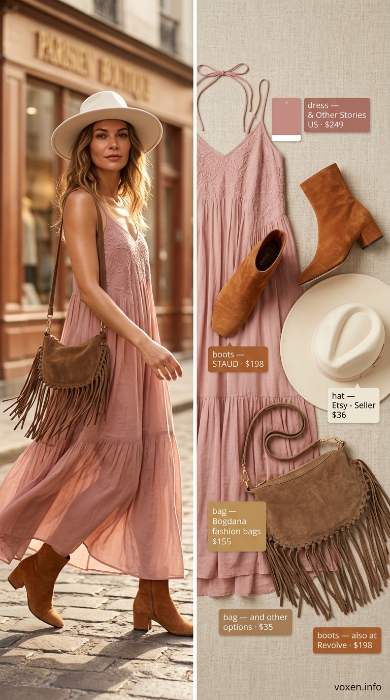 Desert Rose Dream maxi dress for festivals, featuring dusty rose & tan bohemian embroidery. Boho summer flowy maxi dresses 2026.
