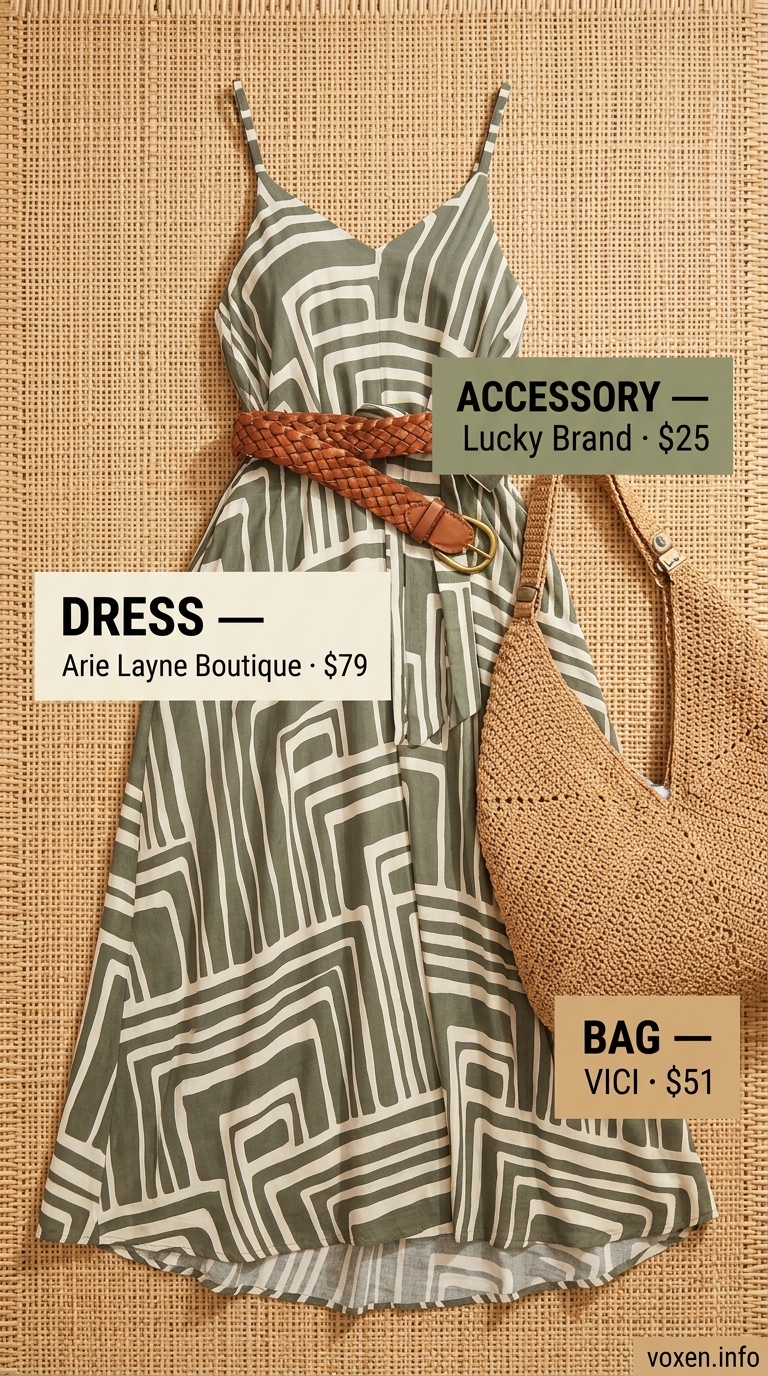 Earthy Tones Boho Maxi dress for casual days, featuring olive green & cream geometric print. Boho summer flowy maxi dresses 2026.