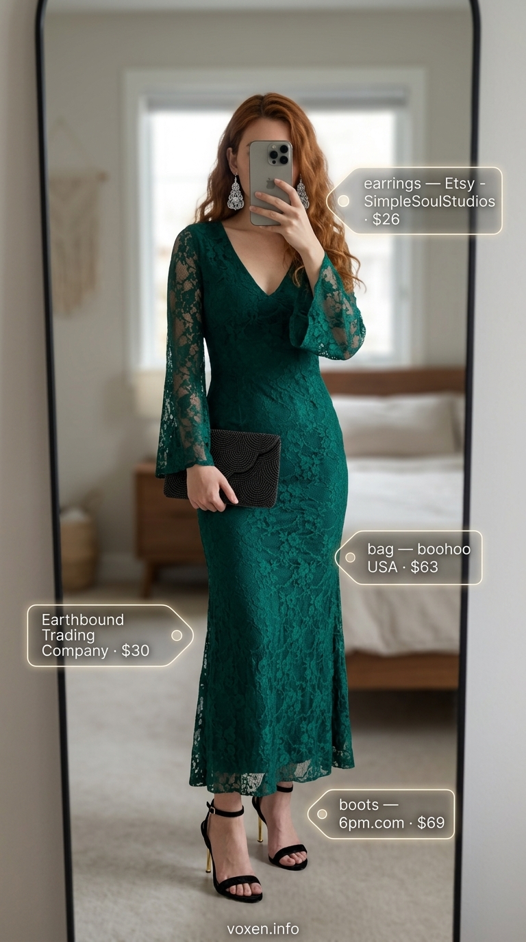 Boho summer flowy maxi dresses 2026: Emerald green lace dress, heeled sandals, clutch, statement earrings.