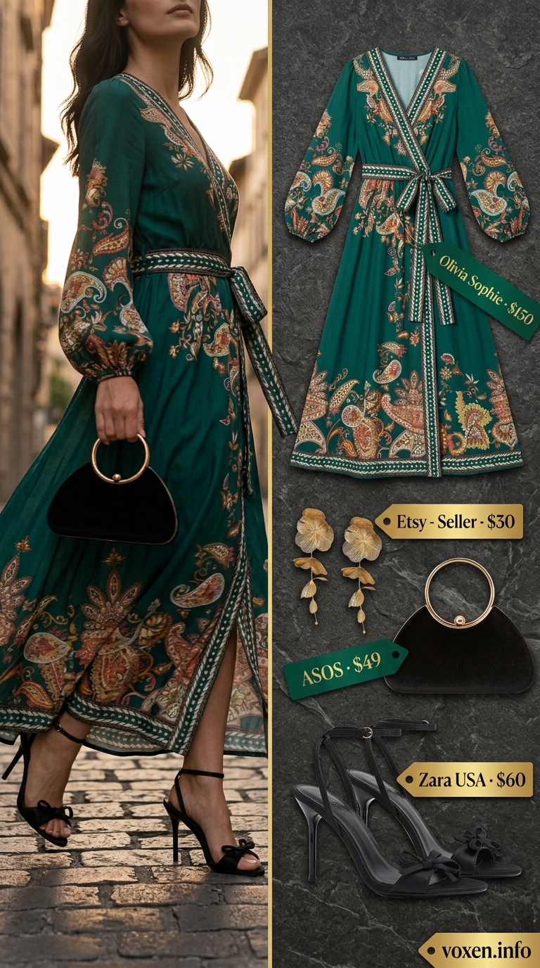Boho summer flowy maxi dresses 2026: Emerald green paisley dress, heeled sandals, clutch, statement earrings.