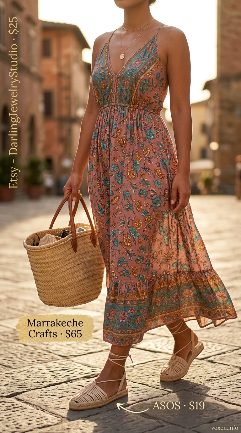 Boho summer flowy maxi dresses 2026: Multi-color floral dress, straw tote, gold necklaces, espadrilles for festival.