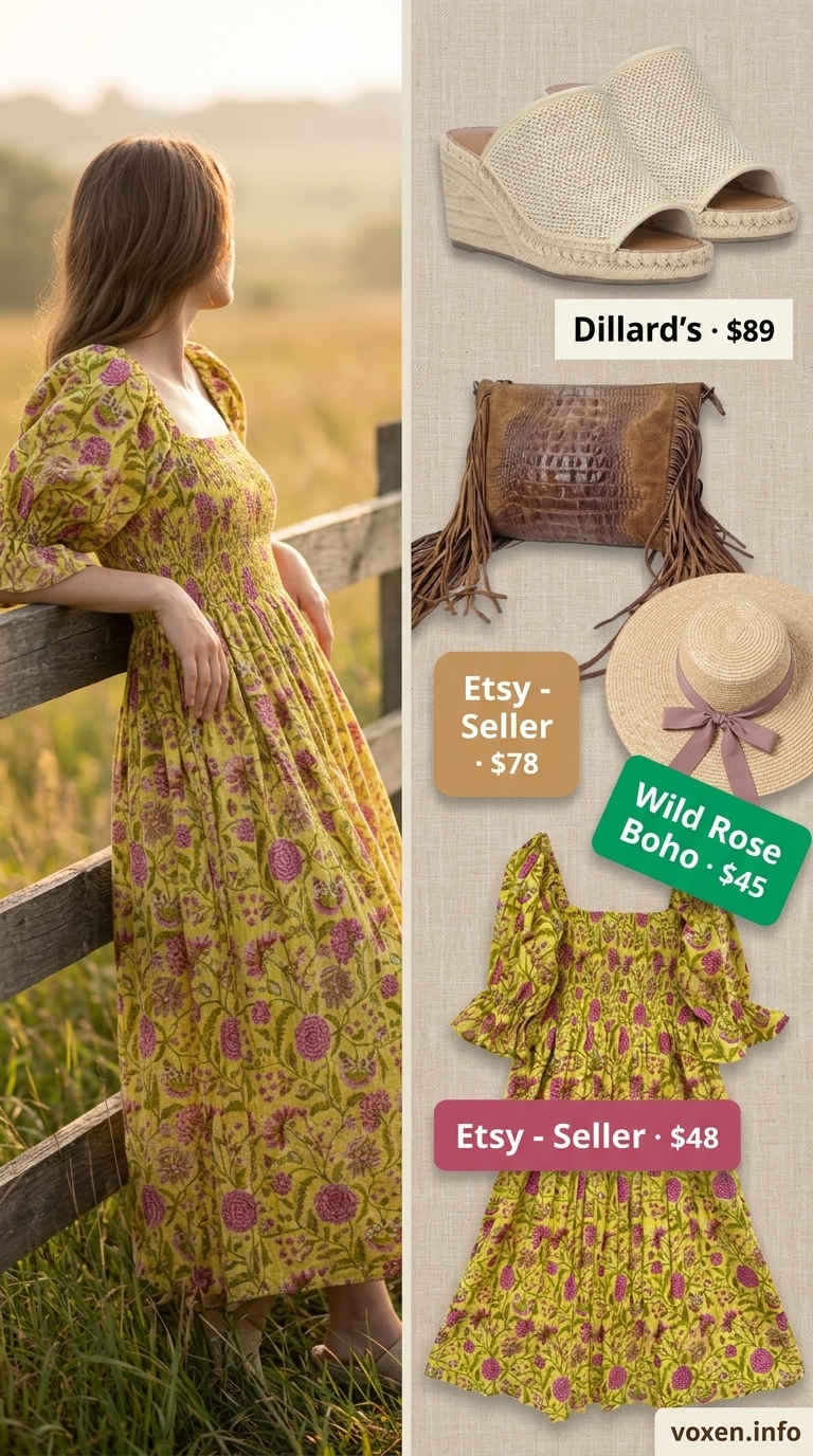 Boho summer flowy maxi dress 2026 in yellow floral print. Outdoor wedding guest outfit with straw hat and espadrilles.