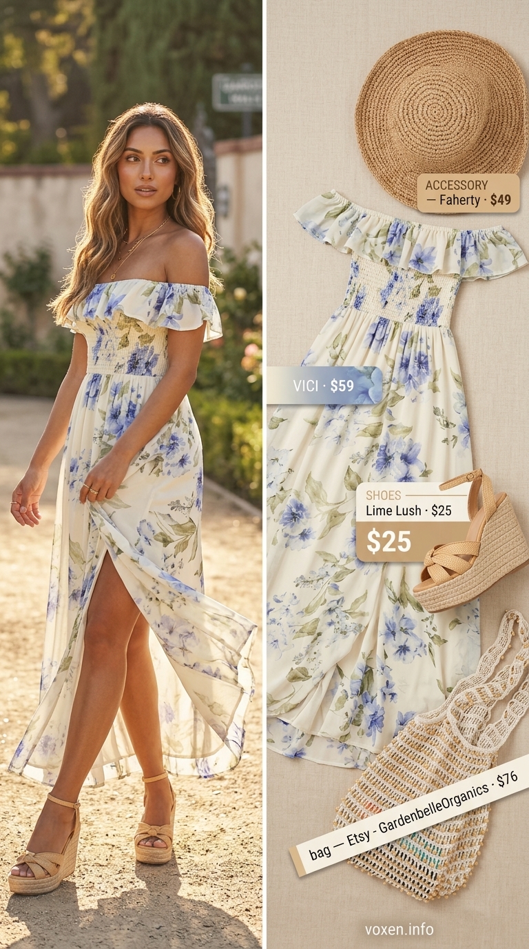 Meadow Bloom Maxi dress for summer wedding guest, featuring cream & pastel florals. Boho summer flowy maxi dresses 2026.