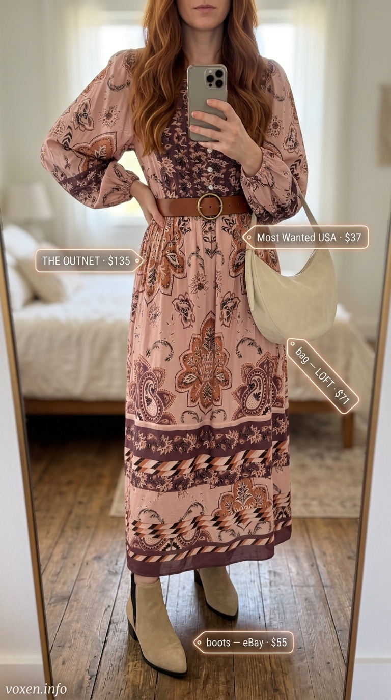 Boho summer flowy maxi dresses 2026: Rose pink paisley dress, suede boots, leather belt, hobo bag for desert.