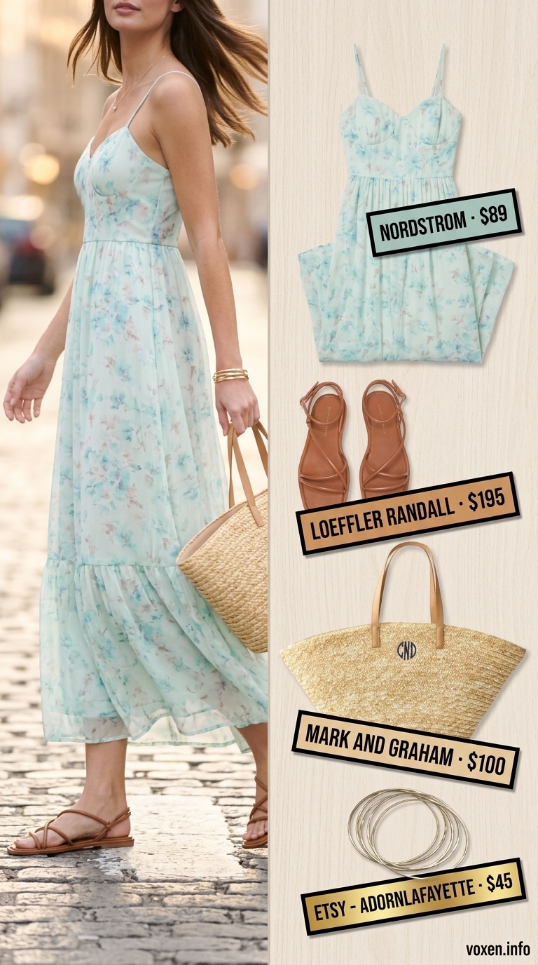 Boho summer flowy maxi dress 2026 in pastel blue, cream, pink. Beach day outfit with straw tote and leather sandals.