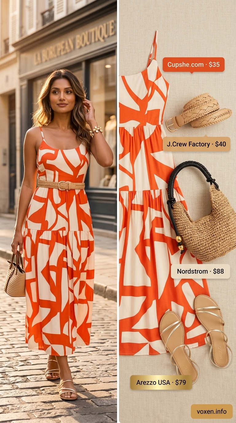 Sunset Hues Maxi dress for summer evenings, featuring vibrant orange & yellow abstract print. Boho summer flowy maxi dresses 2026.
