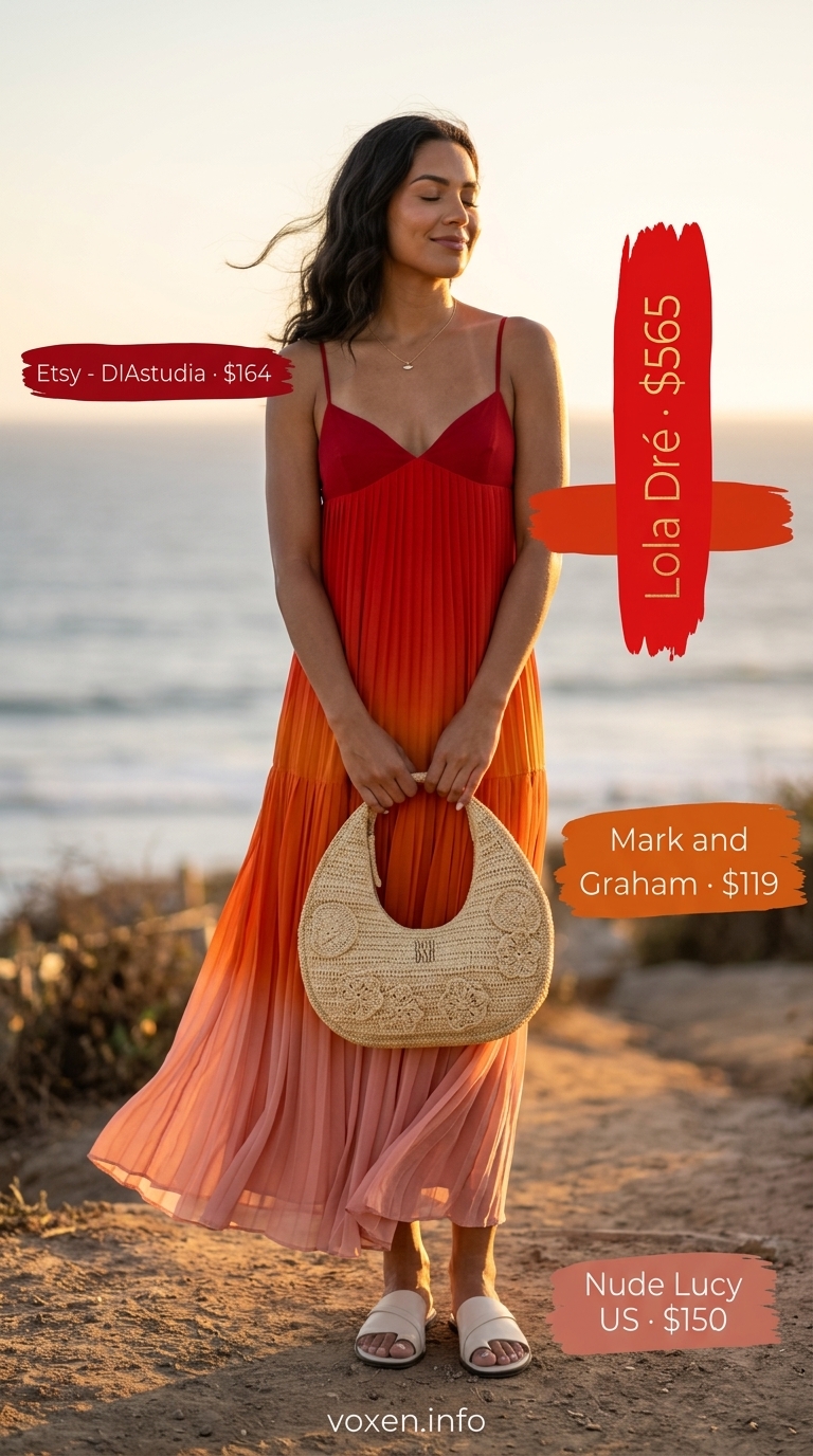 Boho summer flowy maxi dress 2026 in coral to burgundy gradient. Sunset gathering outfit with raffia bag and leather slides.