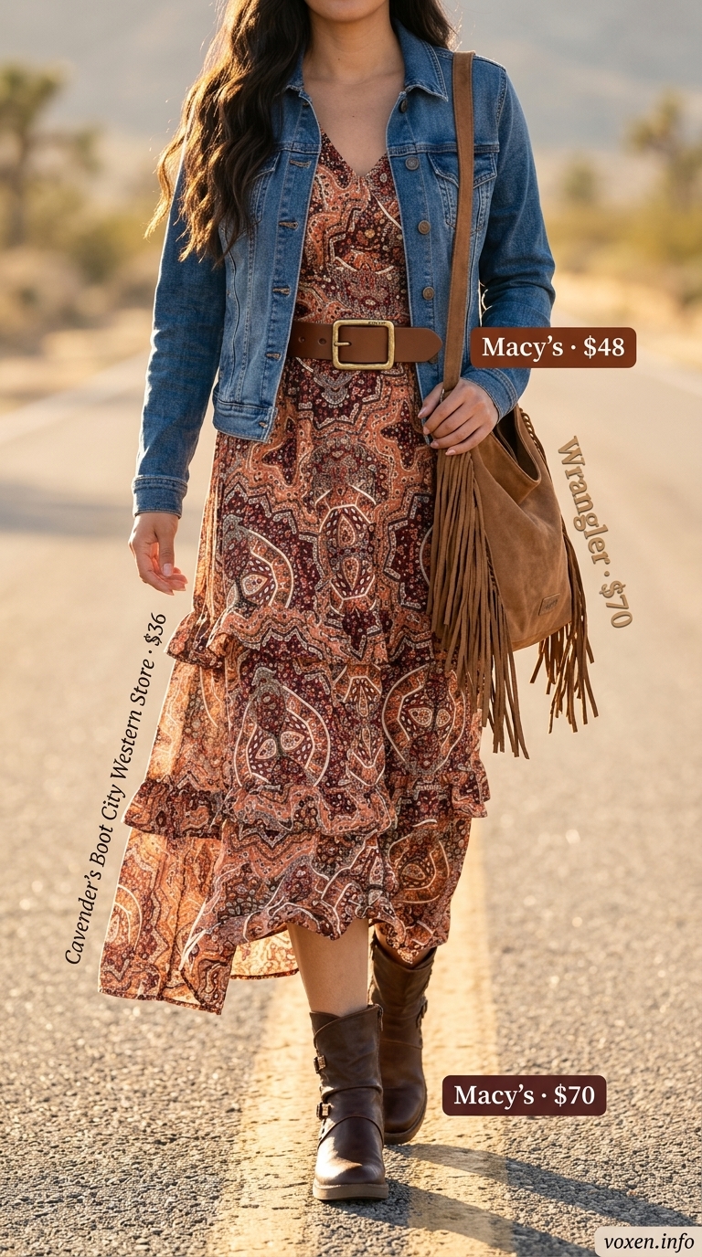 Boho summer flowy maxi dresses 2026: Terracotta geometric dress, denim jacket, ankle boots, crossbody bag.