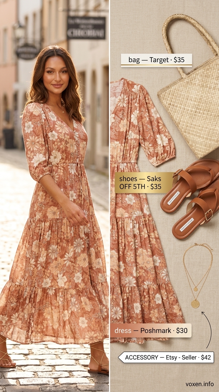 Boho summer flowy maxi dresses 2026: Terracotta floral dress, leather sandals, gold necklaces, straw tote.