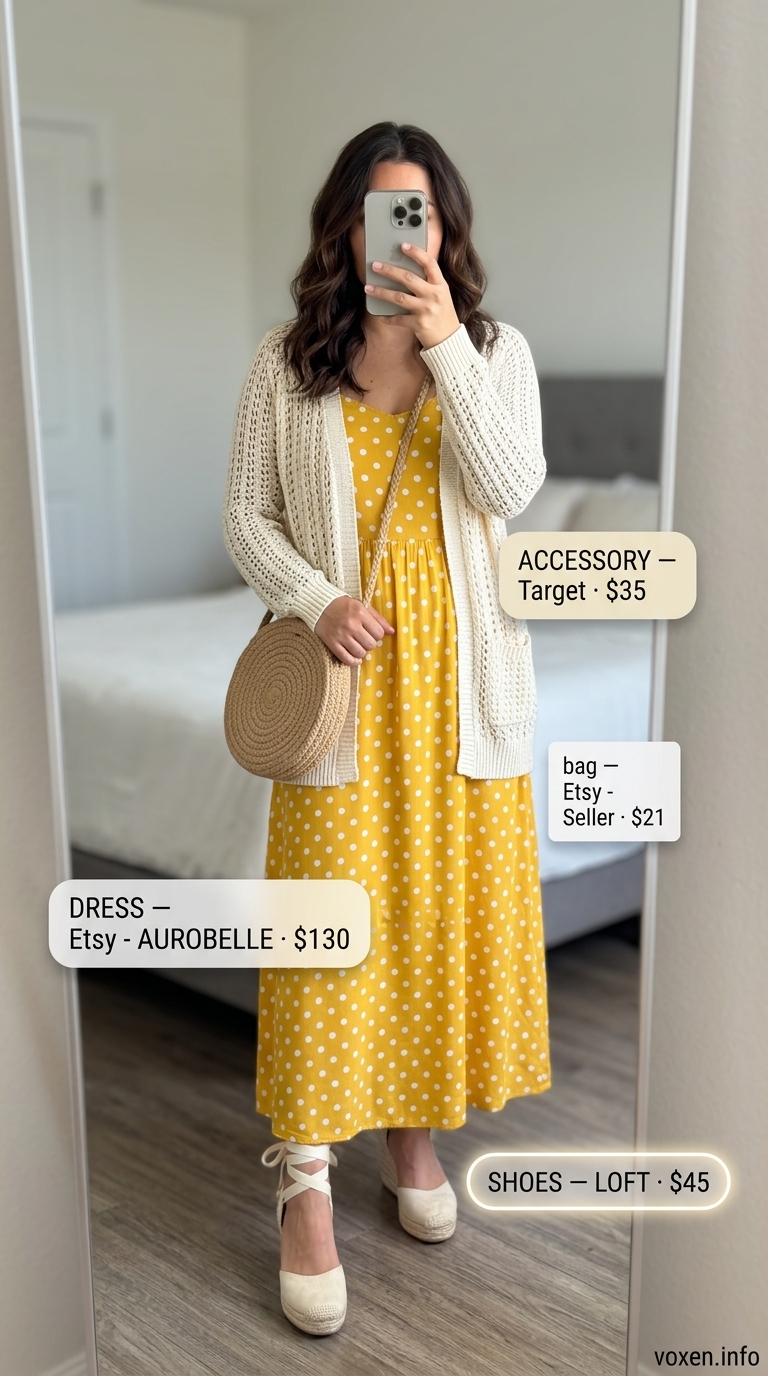 Boho summer flowy maxi dresses 2026: Yellow sunflower dress, crochet cardigan, espadrilles, crossbody bag.