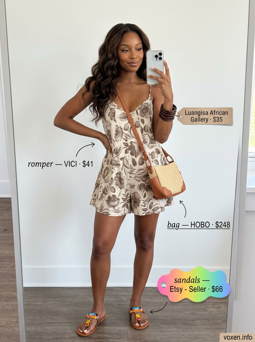 Boho summer outfits for women 2026: Earthy print romper with embellished sandals and woven crossbody bag.