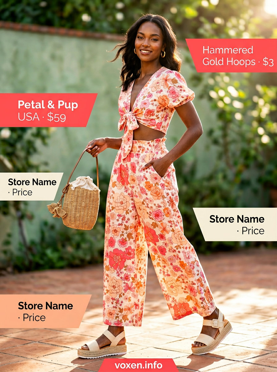 Boho summer outfits for women 2026: Pink floral print matching set with espadrille sandals and straw bag.