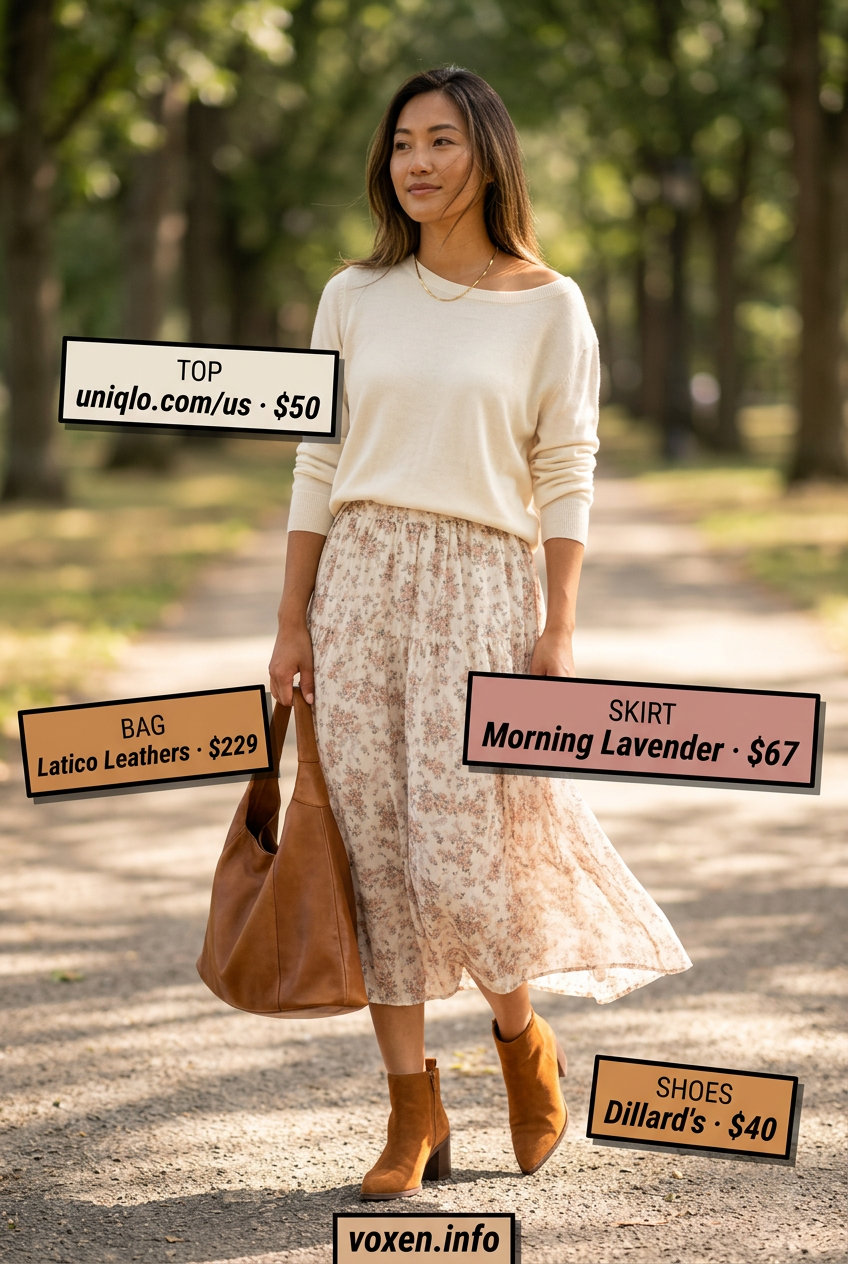 Boho summer outfits for women 2026: Muted floral midi skirt with knit sweater and suede ankle boots.
