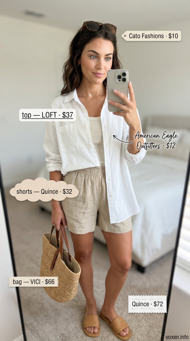 Boho summer outfits for women 2026: Linen shorts with oversized shirt and straw tote bag.