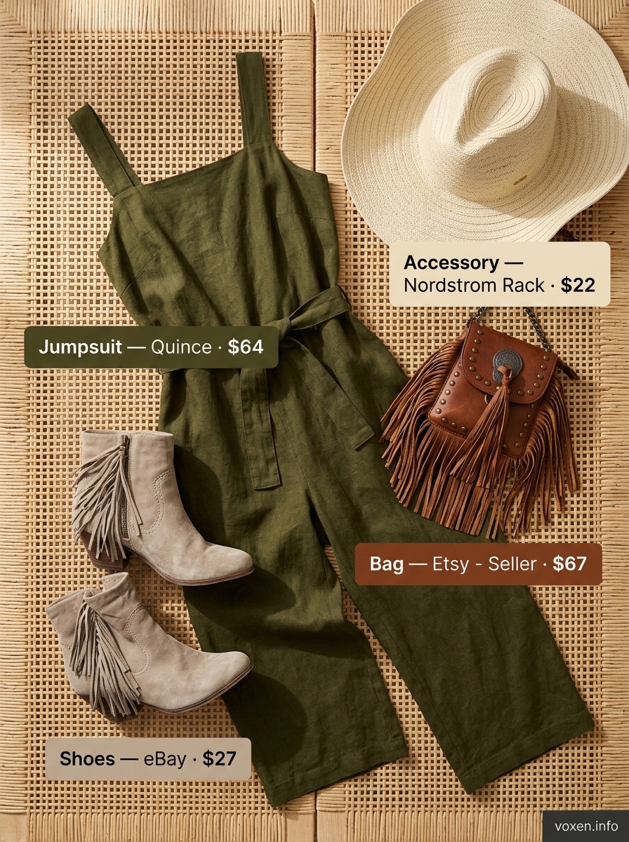 Boho summer outfits for women 2026: Olive green jumpsuit with fringe crossbody bag and floppy hat.