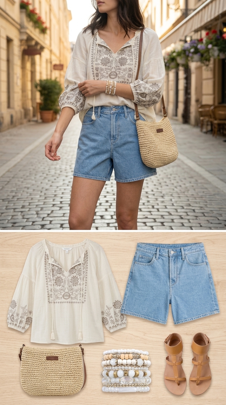 Boho summer outfits for women 2026: Cream embroidered blouse with denim shorts and gladiator sandals.