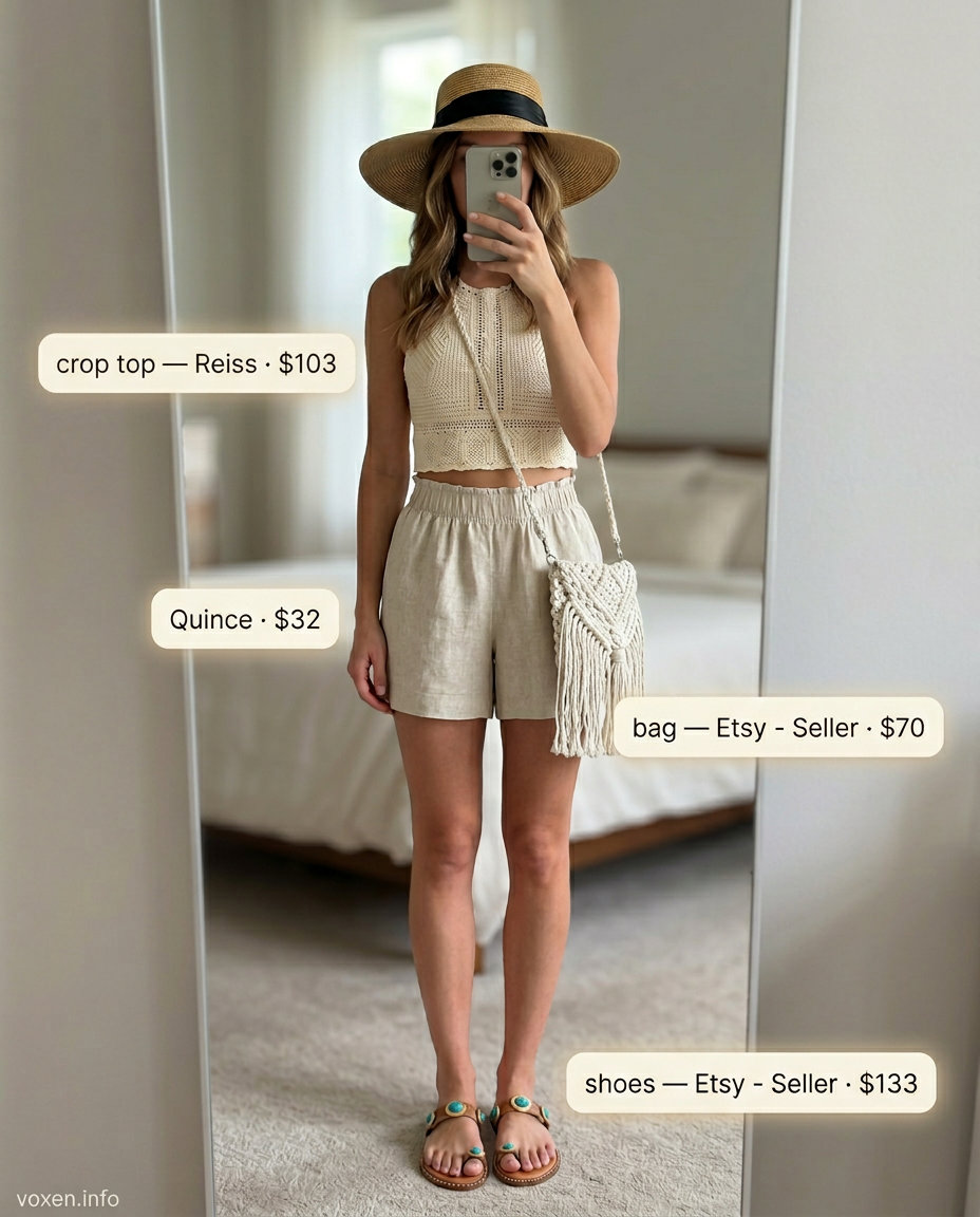 Boho summer outfits for women 2026: Cream crochet halter top with linen shorts and straw hat.