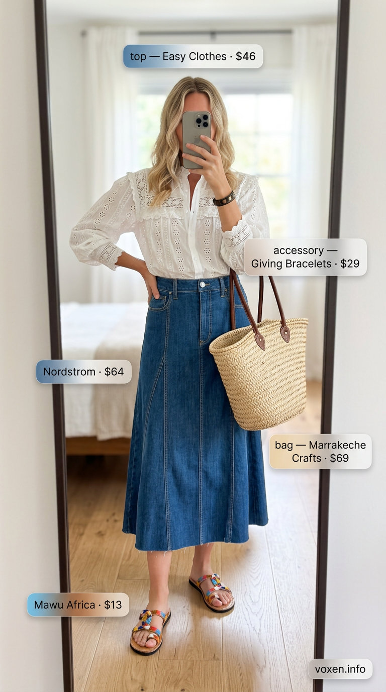 Boho summer outfits for women 2026: Denim midi skirt, white peasant blouse, straw tote and embellished sandals.
