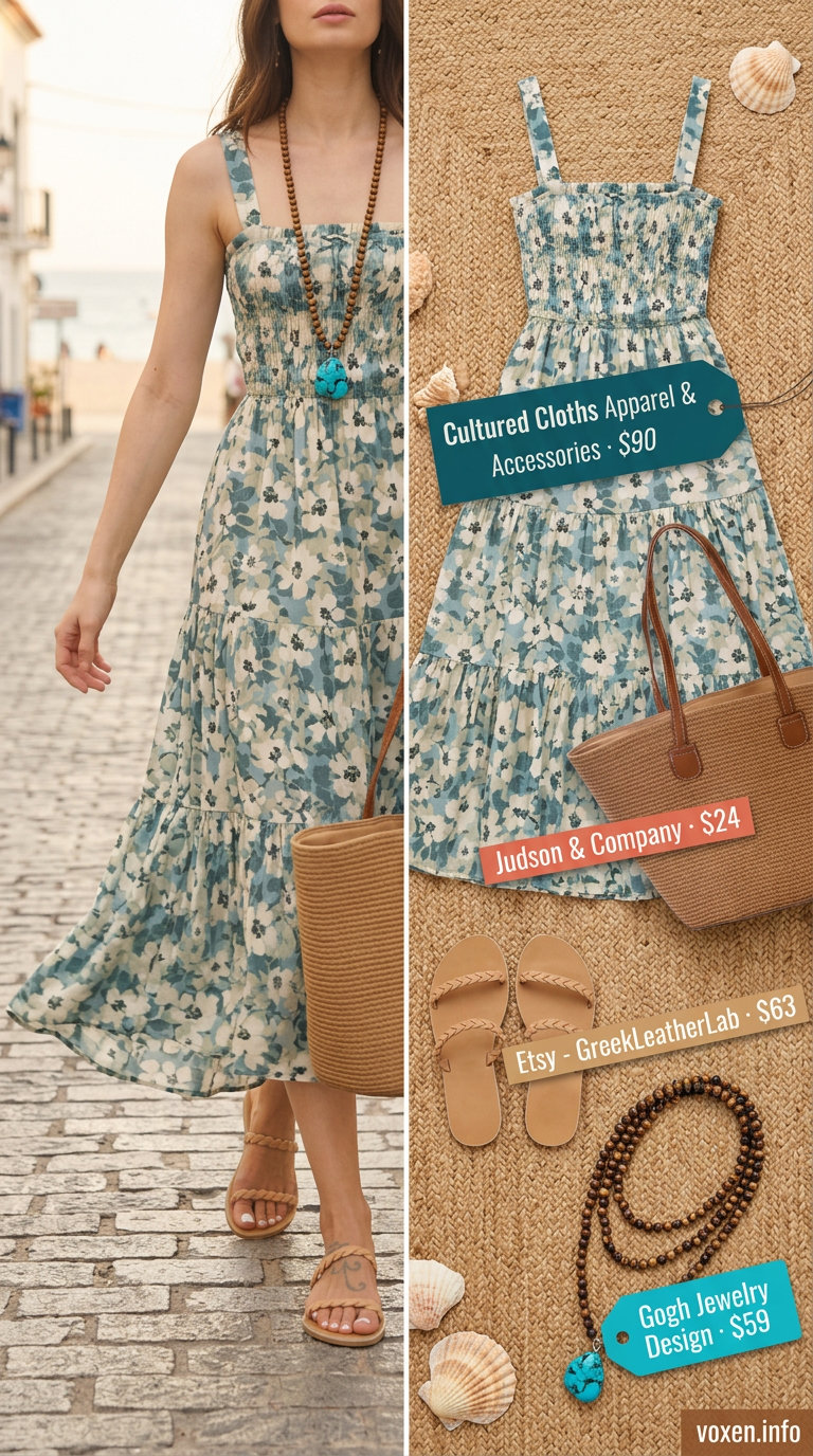 Boho summer outfits for women 2026: Coral teal floral maxi dress, straw tote, beaded necklace and leather slides.