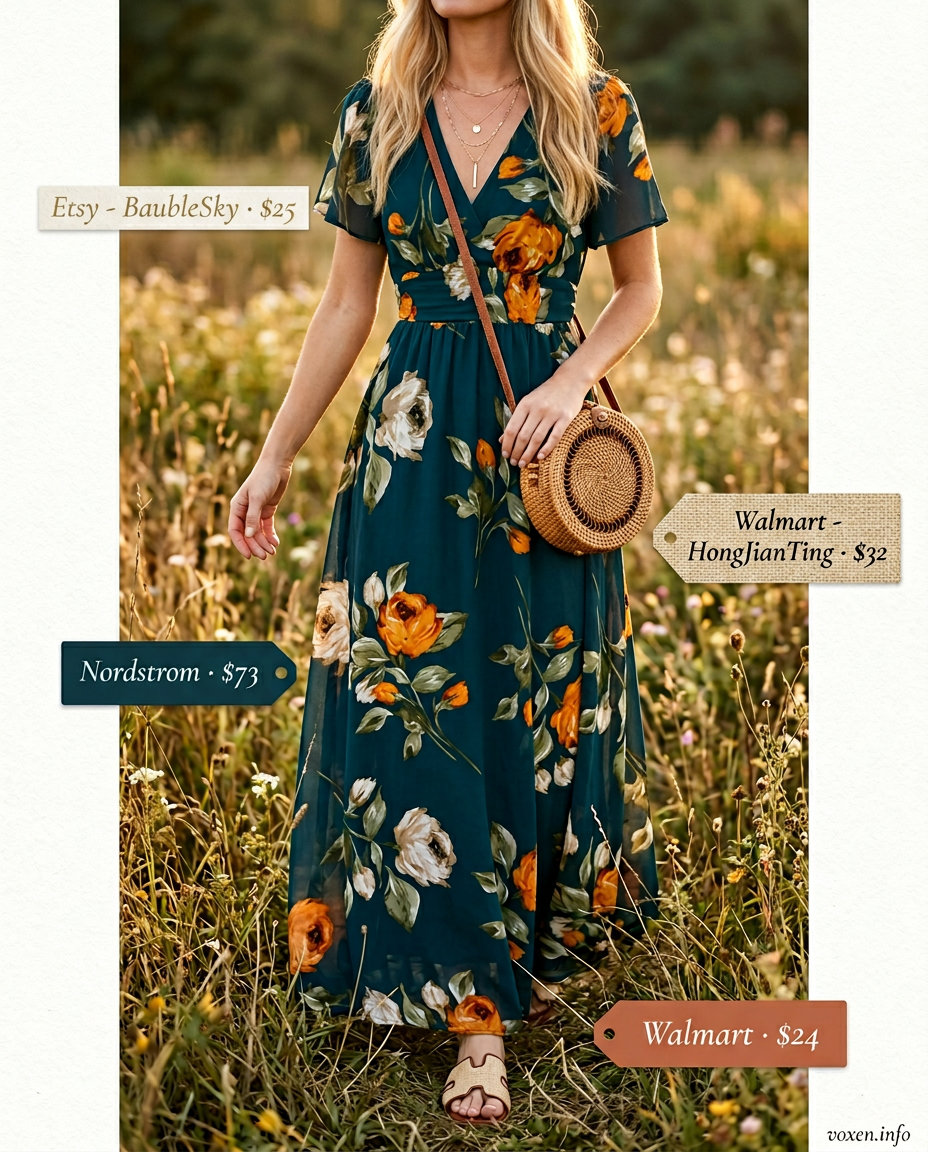 Boho summer outfits for women 2026: Flowy floral maxi dress, woven sandals, and delicate gold necklaces for a romantic evening.