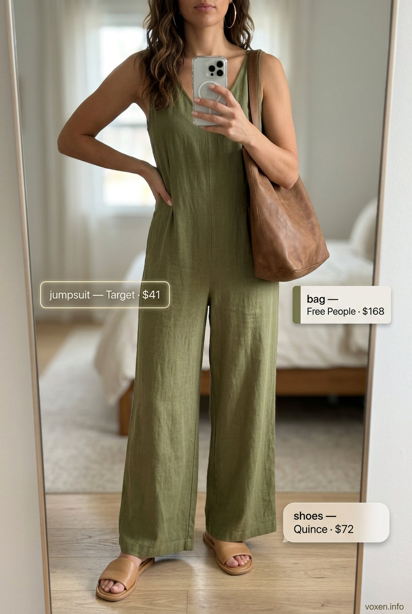 Boho summer outfits for women 2026: Olive green linen jumpsuit with tan leather slides and oversized gold hoops.