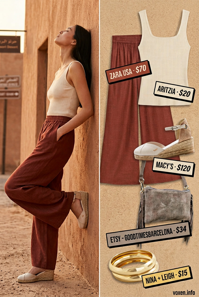 Boho summer outfits for women 2026: Terracotta linen pants, cream knit top, espadrille wedges and suede crossbody bag.