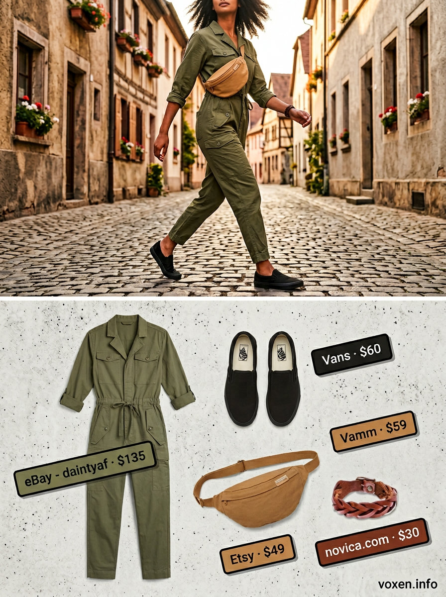 Boho summer outfits for women 2026: Olive green utility jumpsuit with black sneakers and canvas belt bag.