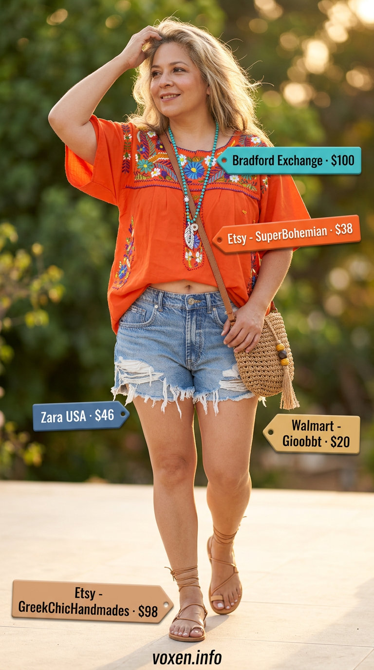 Boho summer outfits for women 2026: Orange peasant blouse with denim shorts and layered necklaces.