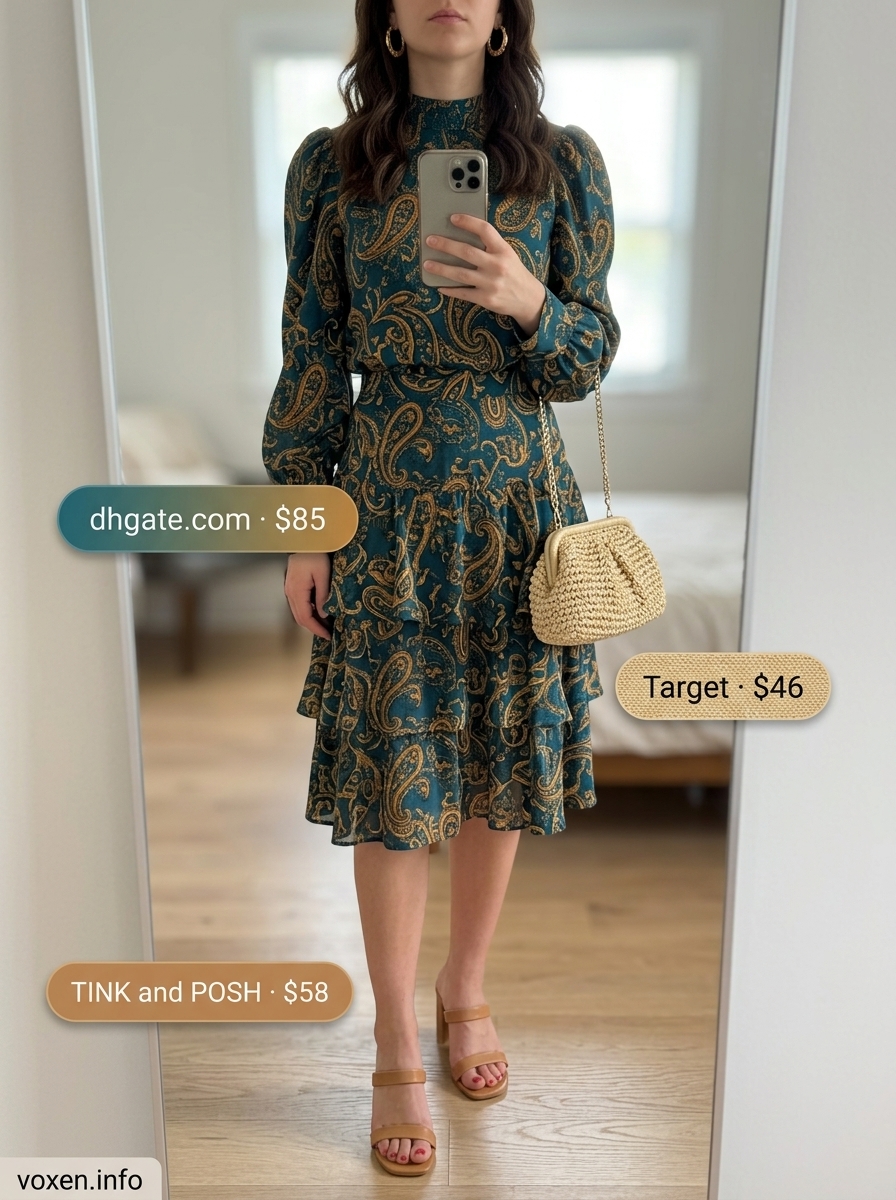 Boho summer outfits for women 2026: Teal paisley crop top and midi skirt set with straw clutch and block heel sandals.