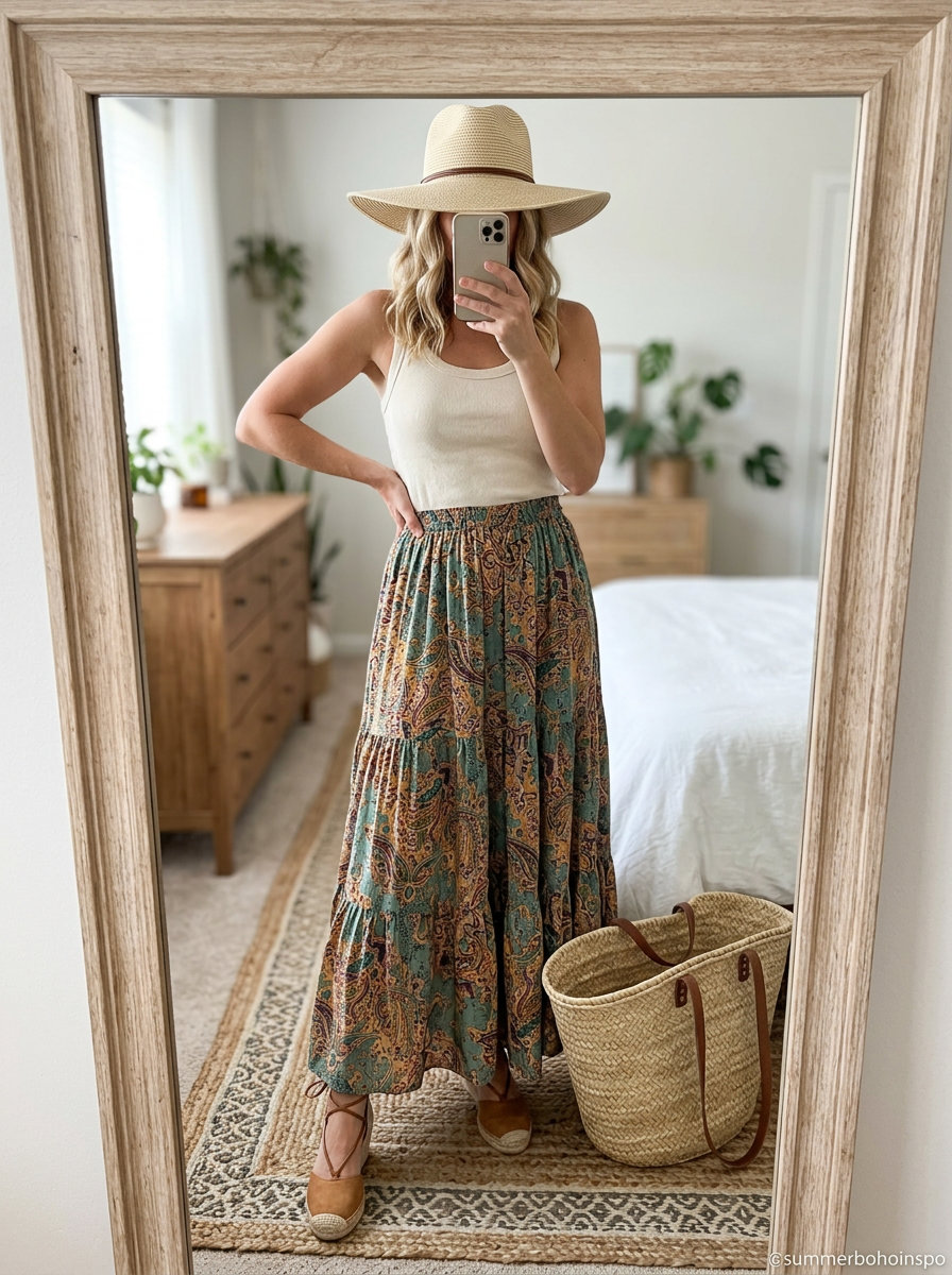 Boho summer outfits for women 2026: Paisley maxi skirt with fitted tank and espadrille wedges.