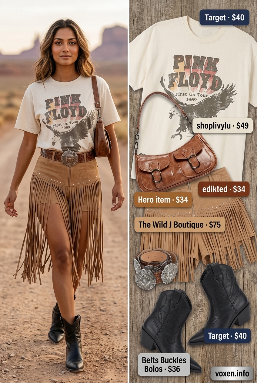 Boho summer outfits for women 2026: Tan suede fringe shorts, graphic tee, concho belt and western boots.