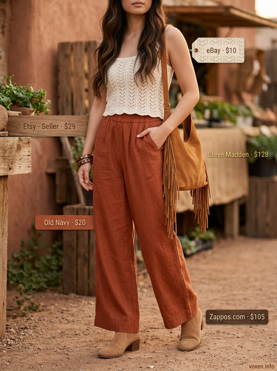 Boho summer outfits for women 2026: Terracotta linen pants with crochet top and suede boots.