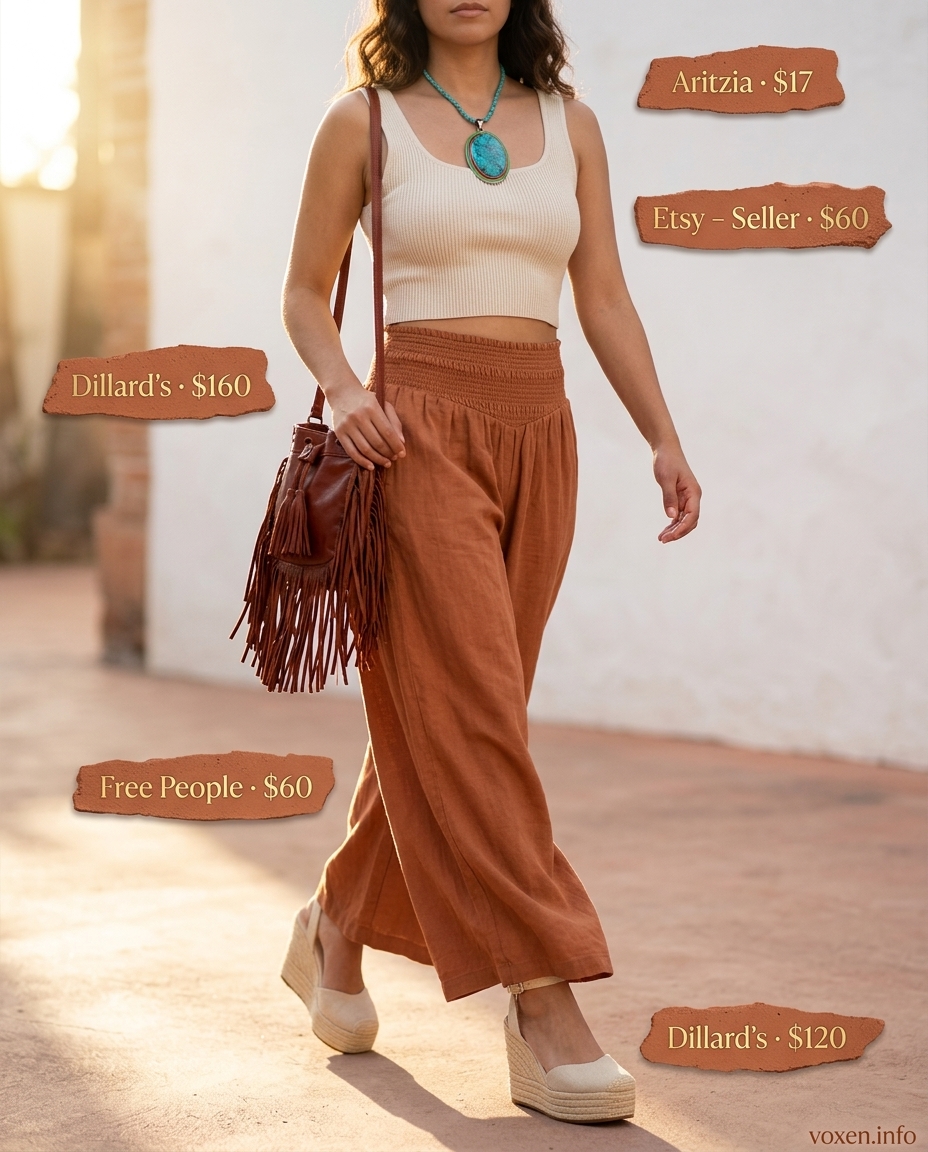 Boho summer outfits for women 2026: Terracotta wide-leg pants with crop top and espadrilles.